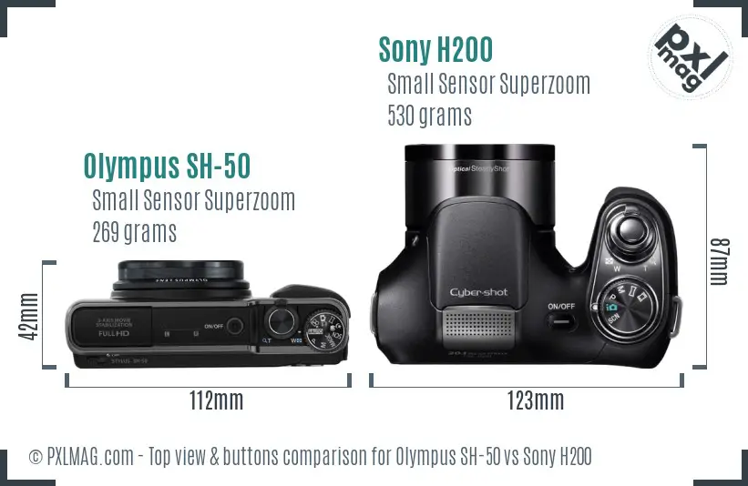 Olympus SH-50 vs Sony H200 top view buttons comparison