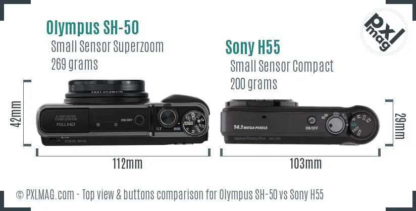Olympus SH-50 vs Sony H55 top view buttons comparison