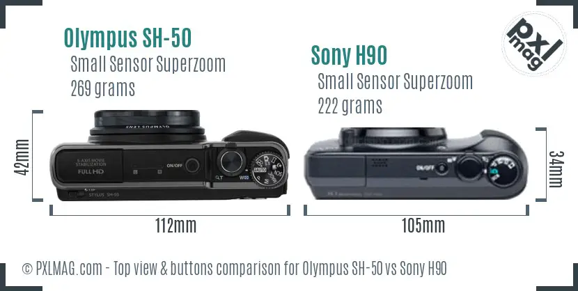 Olympus SH-50 vs Sony H90 top view buttons comparison