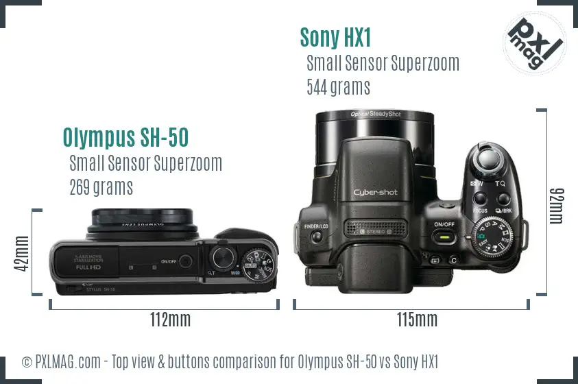 Olympus SH-50 vs Sony HX1 top view buttons comparison