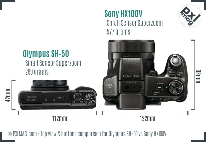 Olympus SH-50 vs Sony HX100V top view buttons comparison