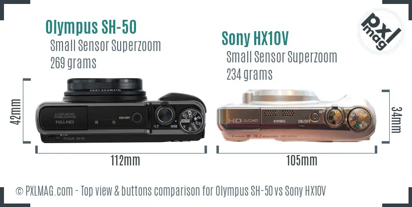 Olympus SH-50 vs Sony HX10V top view buttons comparison