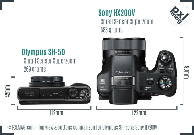 Olympus SH-50 vs Sony HX200V top view buttons comparison