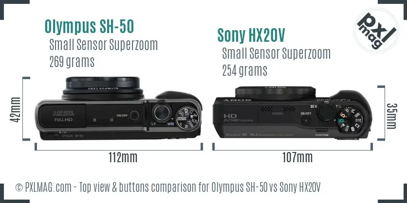 Olympus SH-50 vs Sony HX20V top view buttons comparison