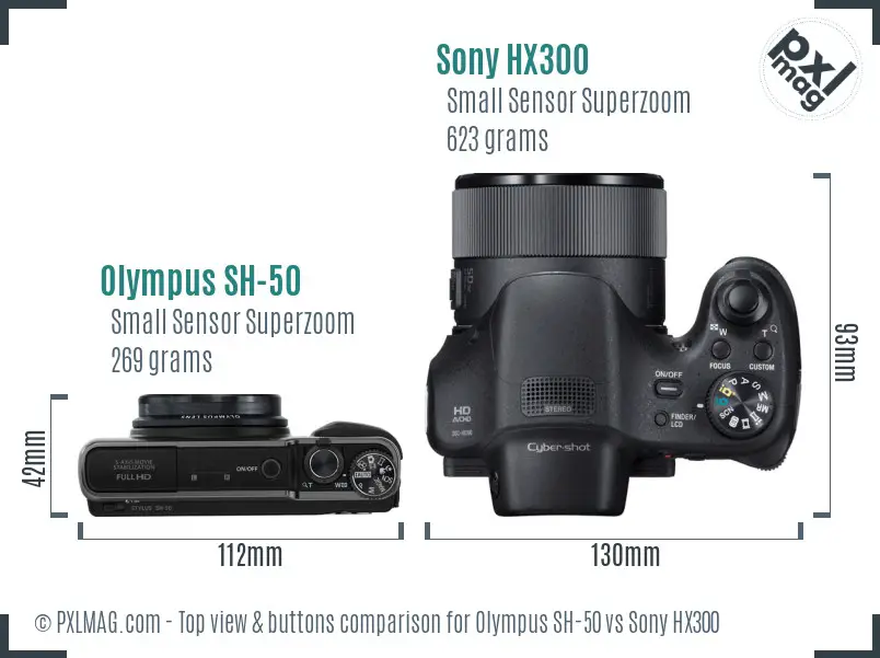 Olympus SH-50 vs Sony HX300 top view buttons comparison