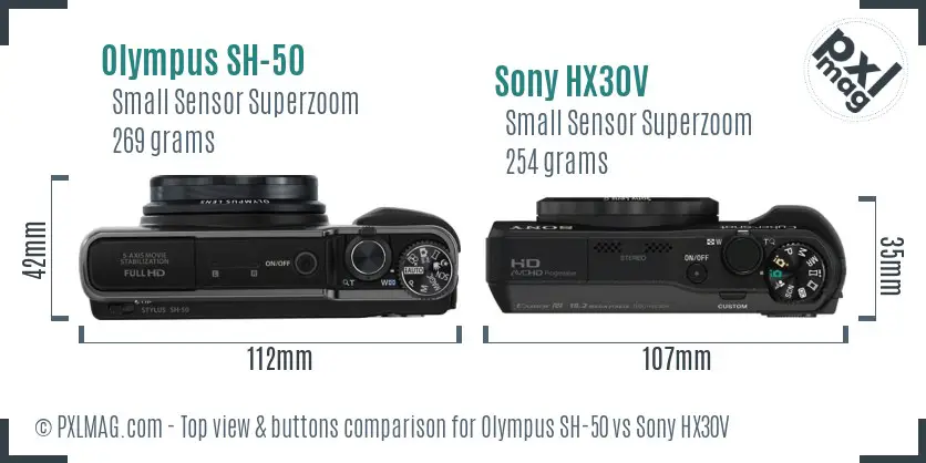 Olympus SH-50 vs Sony HX30V top view buttons comparison