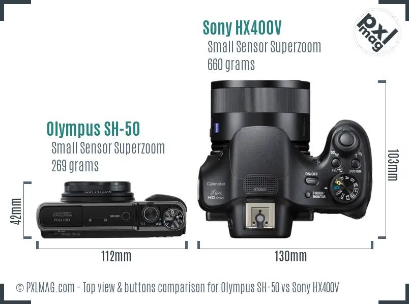 Olympus SH-50 vs Sony HX400V top view buttons comparison