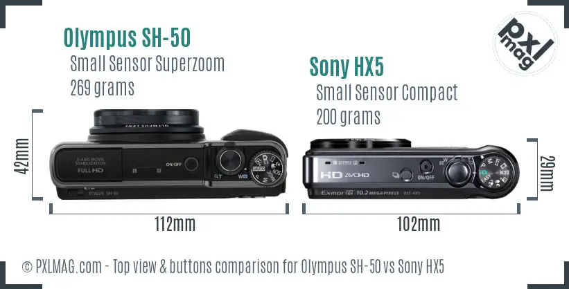 Olympus SH-50 vs Sony HX5 top view buttons comparison