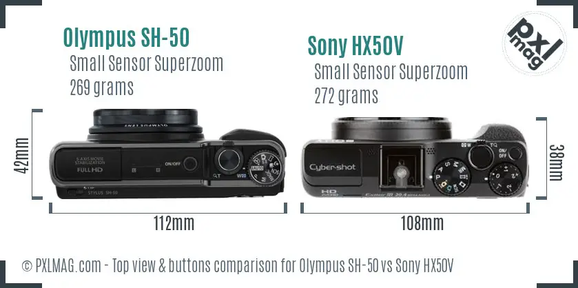 Olympus SH-50 vs Sony HX50V top view buttons comparison