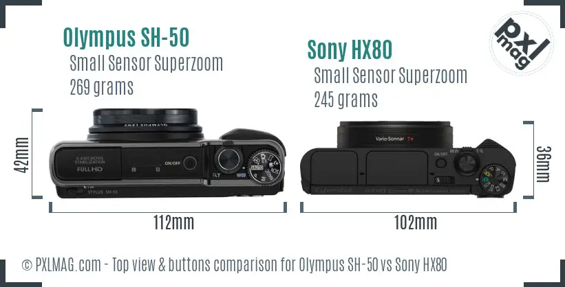 Olympus SH-50 vs Sony HX80 top view buttons comparison