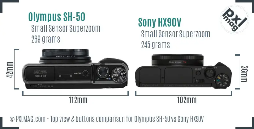 Olympus SH-50 vs Sony HX90V top view buttons comparison