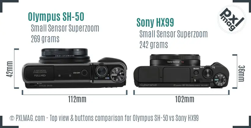 Olympus SH-50 vs Sony HX99 top view buttons comparison