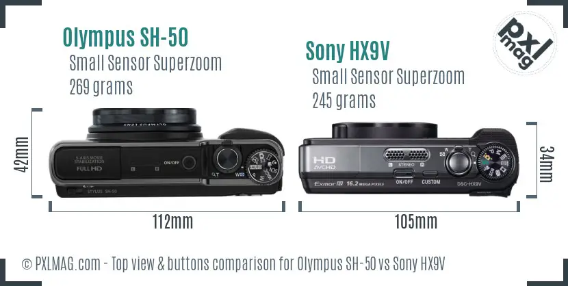 Olympus SH-50 vs Sony HX9V top view buttons comparison