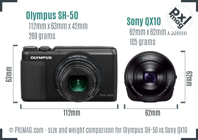 Olympus SH-50 vs Sony QX10 size comparison