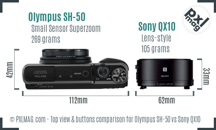 Olympus SH-50 vs Sony QX10 top view buttons comparison