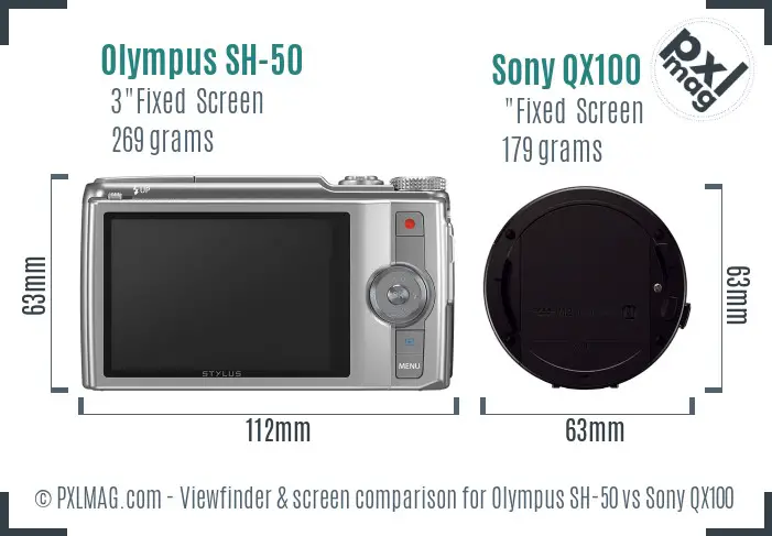 Olympus SH-50 vs Sony QX100 Screen and Viewfinder comparison