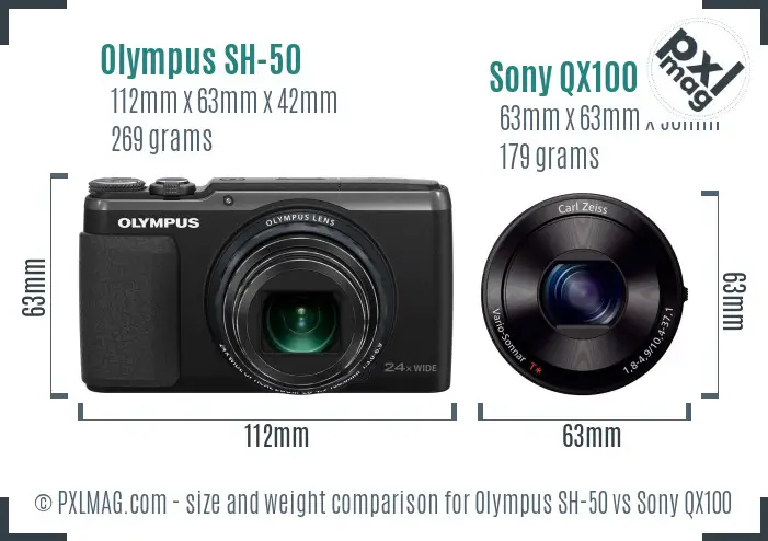 Olympus SH-50 vs Sony QX100 size comparison