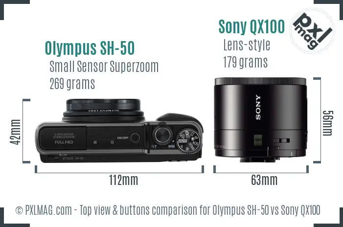 Olympus SH-50 vs Sony QX100 top view buttons comparison