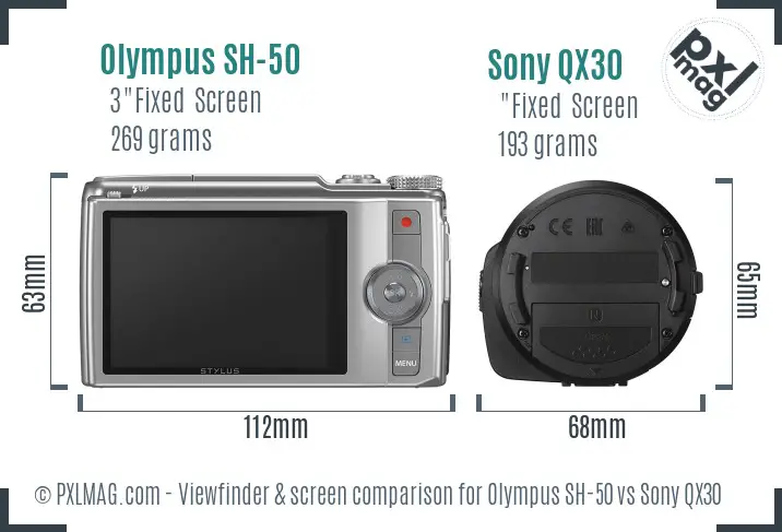 Olympus SH-50 vs Sony QX30 Screen and Viewfinder comparison