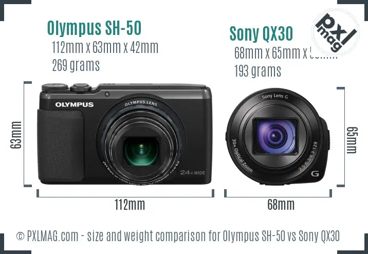 Olympus SH-50 vs Sony QX30 size comparison