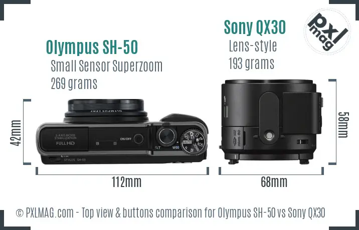 Olympus SH-50 vs Sony QX30 top view buttons comparison