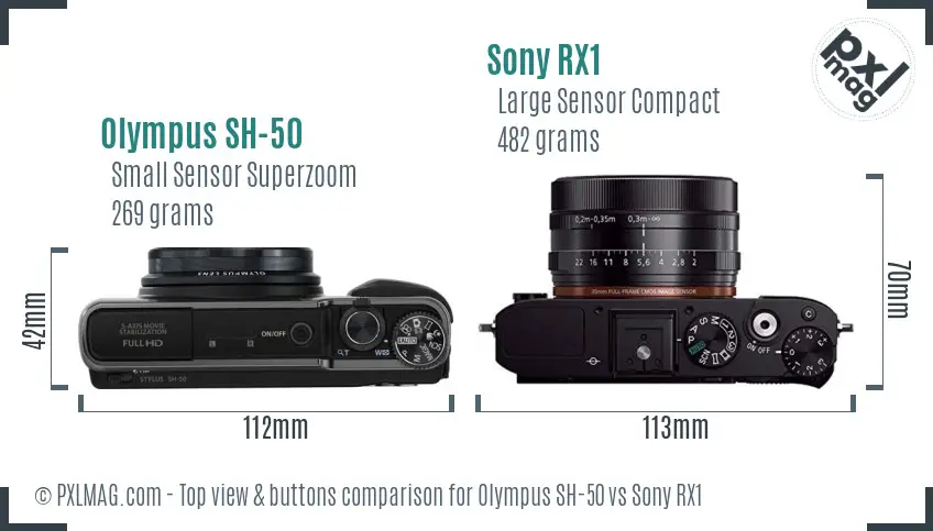 Olympus SH-50 vs Sony RX1 top view buttons comparison