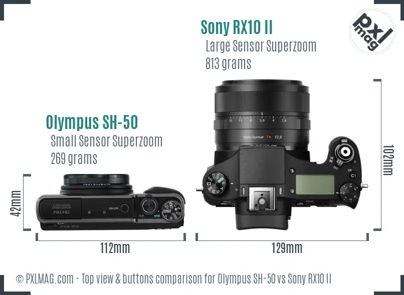 Olympus SH-50 vs Sony RX10 II top view buttons comparison