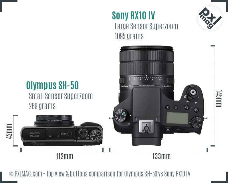 Olympus SH-50 vs Sony RX10 IV top view buttons comparison