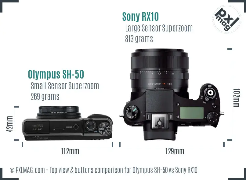 Olympus SH-50 vs Sony RX10 top view buttons comparison