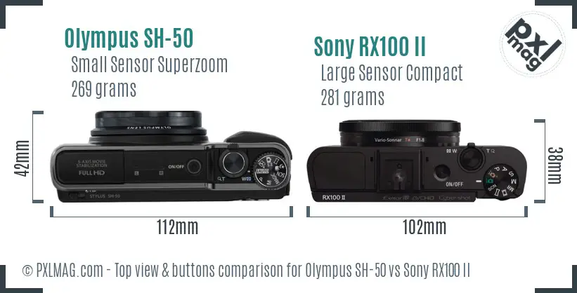 Olympus SH-50 vs Sony RX100 II top view buttons comparison