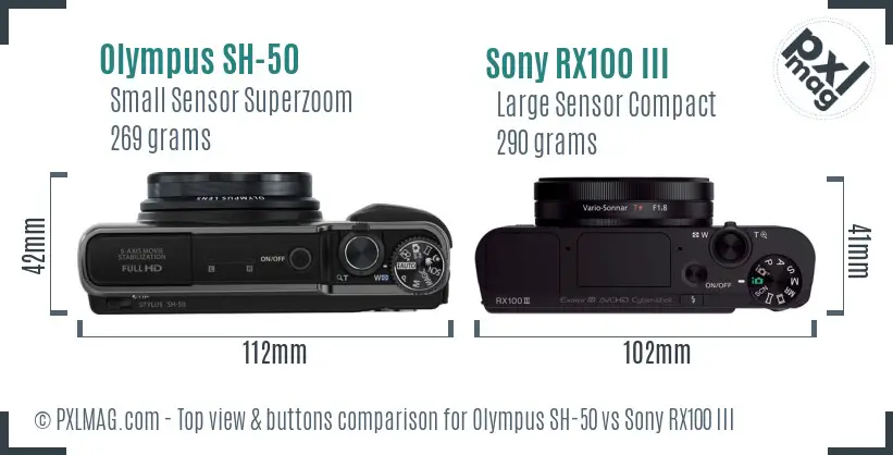 Olympus SH-50 vs Sony RX100 III top view buttons comparison