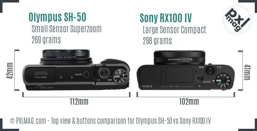 Olympus SH-50 vs Sony RX100 IV top view buttons comparison