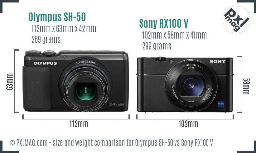 Olympus SH-50 vs Sony RX100 V size comparison