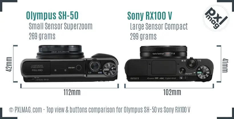 Olympus SH-50 vs Sony RX100 V top view buttons comparison