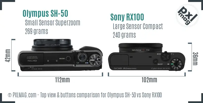 Olympus SH-50 vs Sony RX100 top view buttons comparison