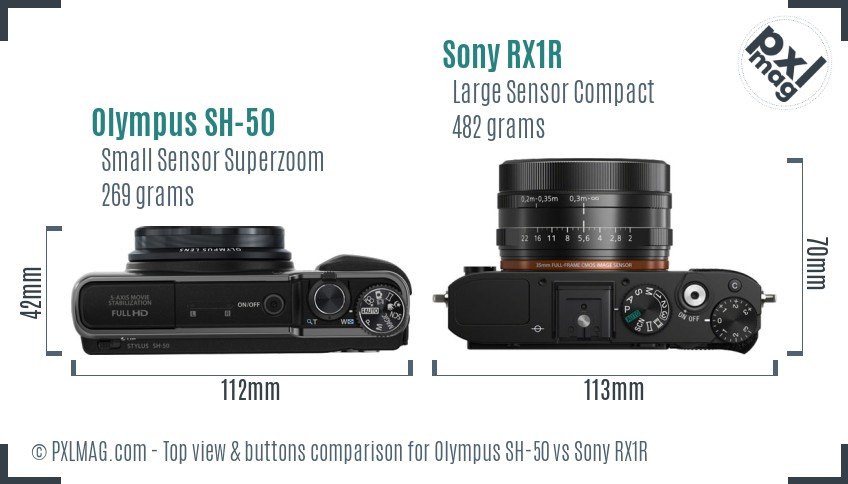 Olympus SH-50 vs Sony RX1R top view buttons comparison