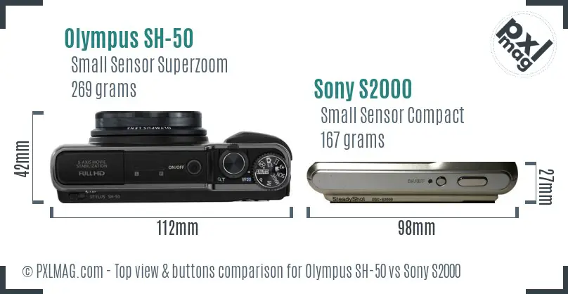 Olympus SH-50 vs Sony S2000 top view buttons comparison