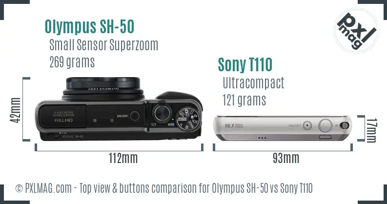 Olympus SH-50 vs Sony T110 top view buttons comparison