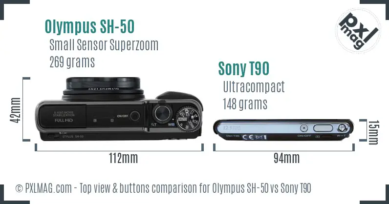 Olympus SH-50 vs Sony T90 top view buttons comparison