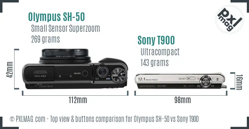 Olympus SH-50 vs Sony T900 top view buttons comparison