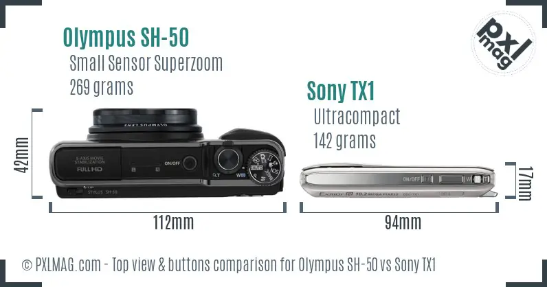 Olympus SH-50 vs Sony TX1 top view buttons comparison