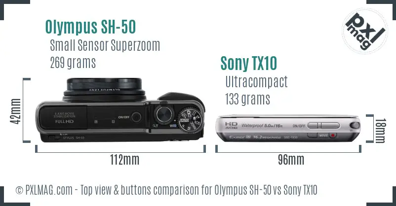 Olympus SH-50 vs Sony TX10 top view buttons comparison