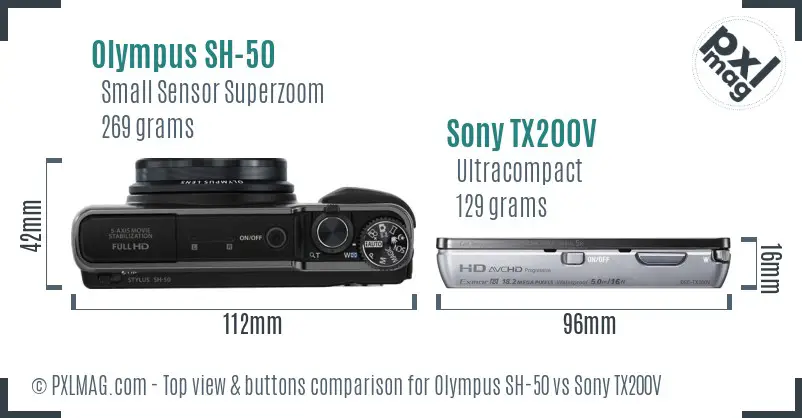 Olympus SH-50 vs Sony TX200V top view buttons comparison Olympus SH-50 vs Sony TX200V top view buttons comparison