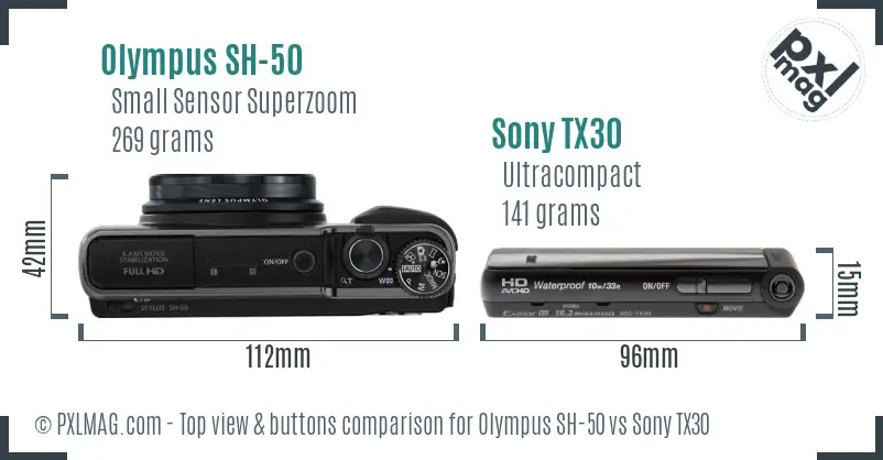 Olympus SH-50 vs Sony TX30 top view buttons comparison