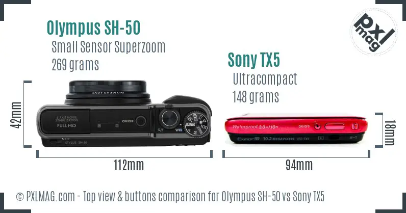 Olympus SH-50 vs Sony TX5 top view buttons comparison Olympus SH-50 vs Sony TX5 top view buttons comparison