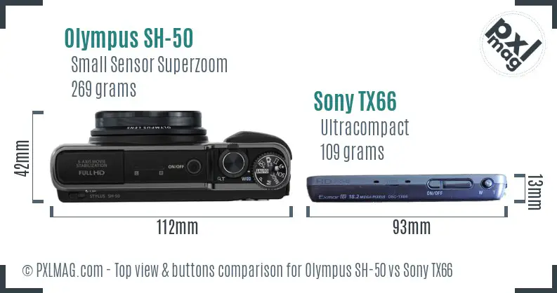 Olympus SH-50 vs Sony TX66 top view buttons comparison Olympus SH-50 vs Sony TX66 top view buttons comparison