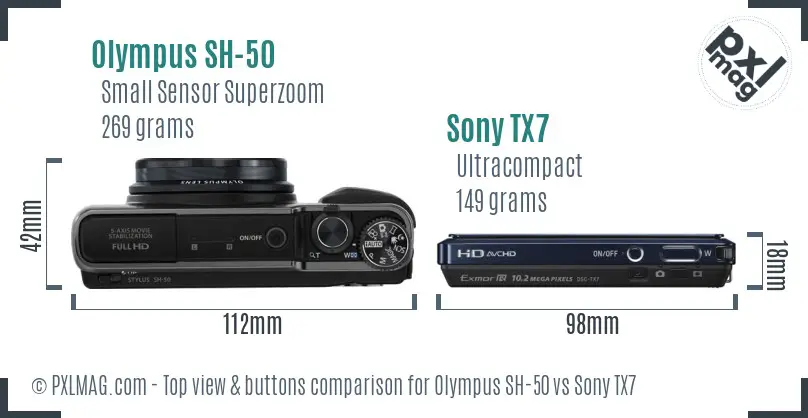 Olympus SH-50 vs Sony TX7 top view buttons comparison