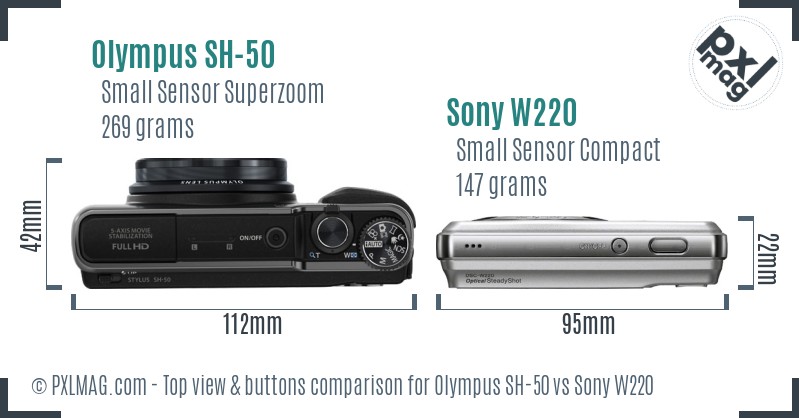 Olympus SH-50 vs Sony W220 top view buttons comparison