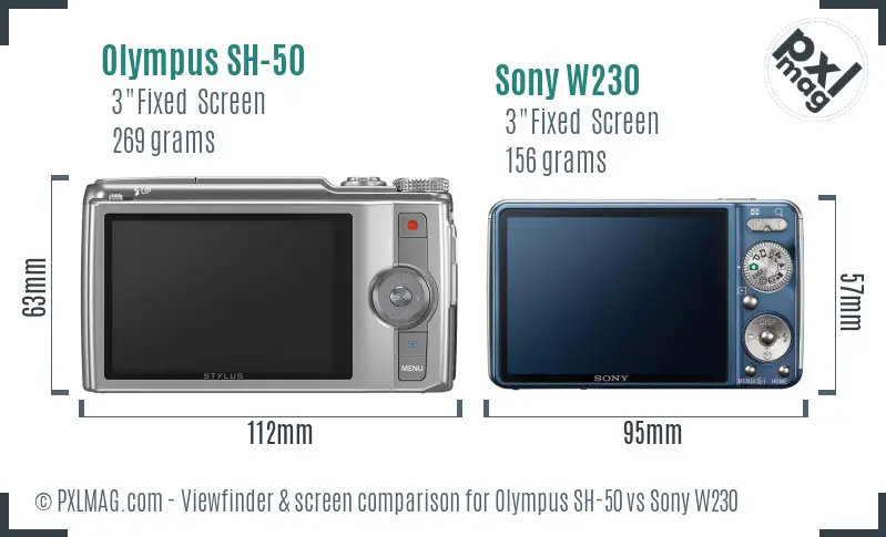 Olympus SH-50 vs Sony W230 Screen and Viewfinder comparison