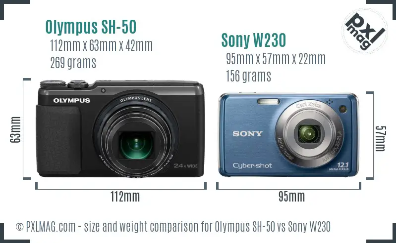 Olympus SH-50 vs Sony W230 size comparison